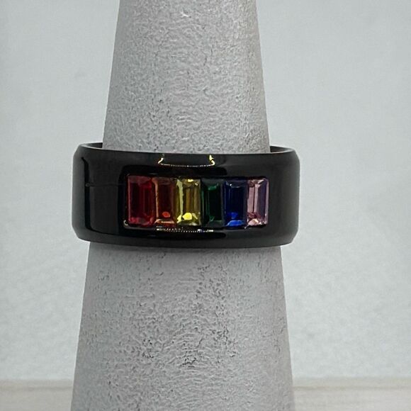 NWOT Size 5 Titanium band with rainbow flag stones - Picture 1 of 4